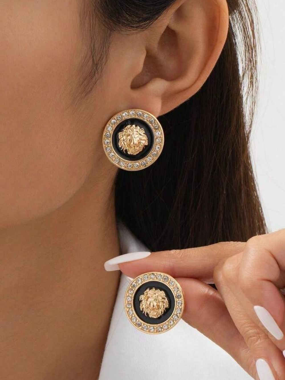 REVOLVE Gold and Black Lion Medallion Crystal Stud Earrings